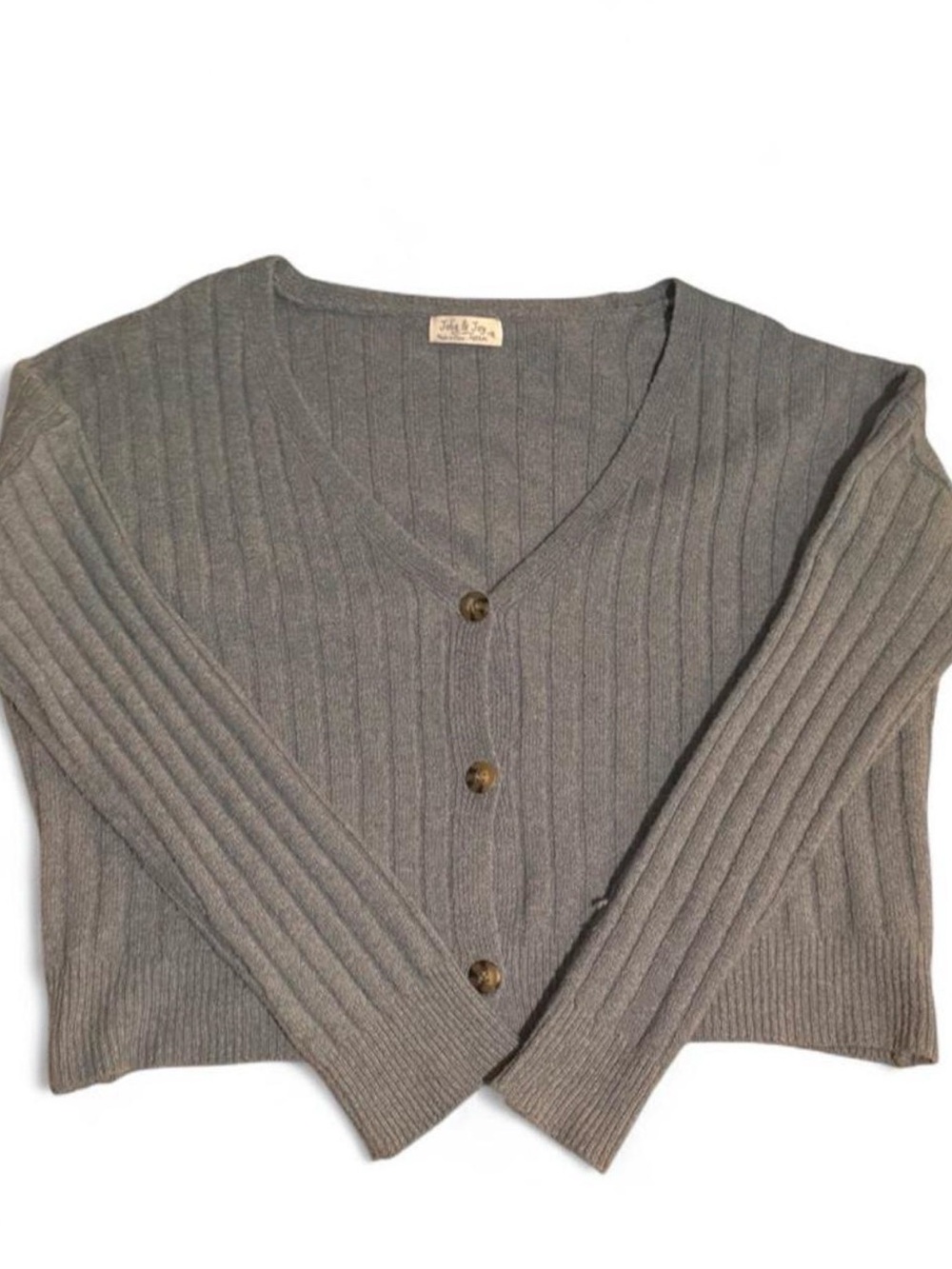 Cropped Ribbed V-Neck Button Cardigan - Gray